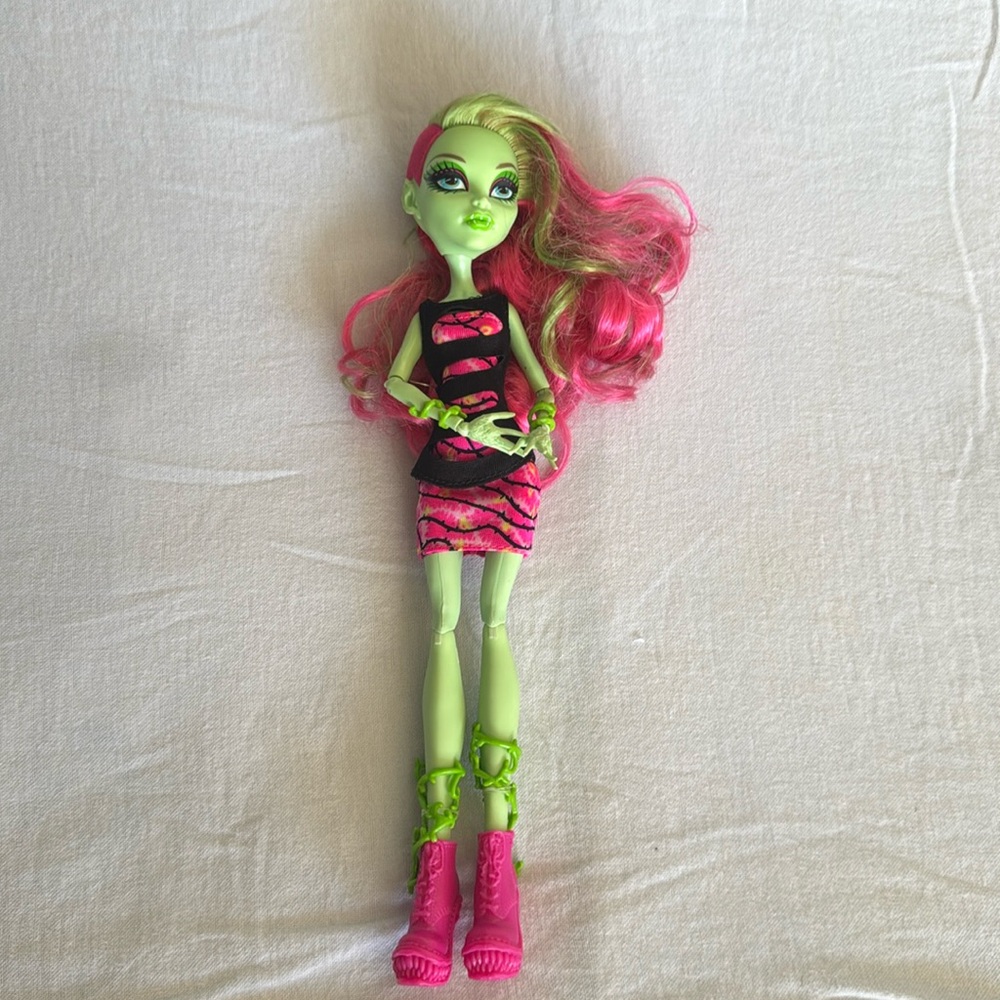 monster high Neon Green and Hot Pink Doll with Striped Dress